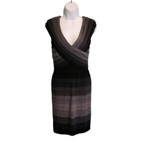 Tadashi Shoji Gray Ombre Striped Pleated Bodycon Dress V-Neck size 8